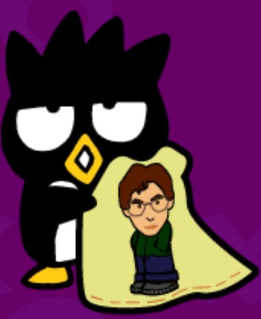 A drawing of Badtz-Maru holding a quilt depicting Daniel Drucker, as drawn by a Sanrio artist.